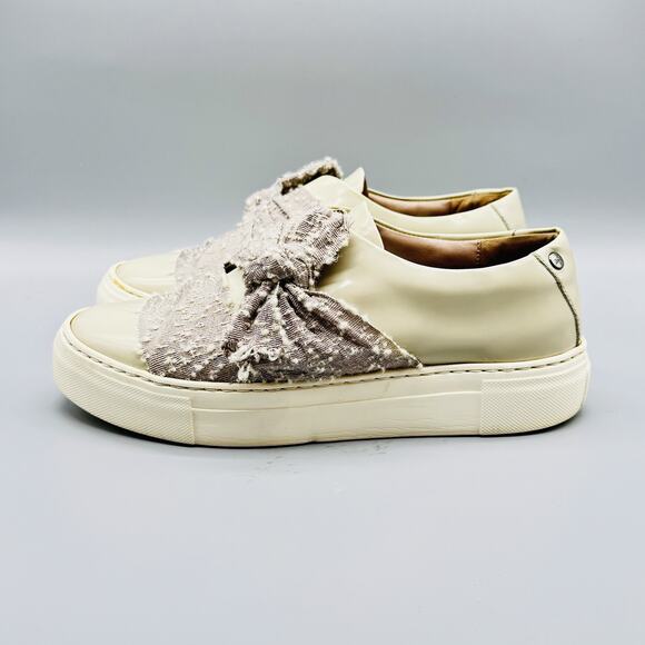 AGL Shoes Womens 38.5 US 8.5 Beige Tweed Bow Slip On Platform Sneakers Italy - Picture 4 of 10